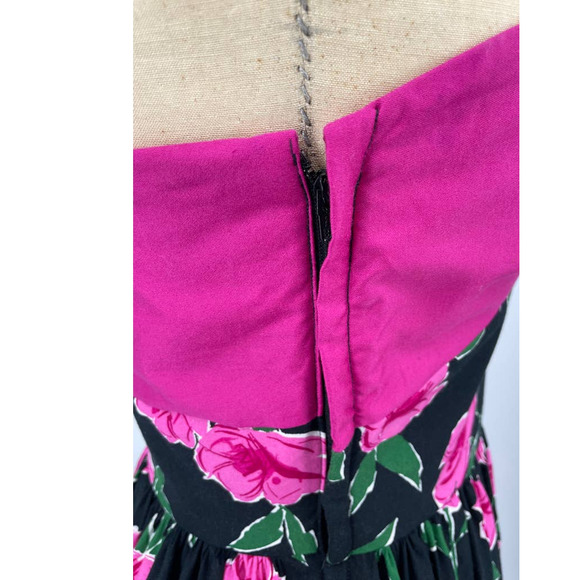 Floral Fit and Flare Sleeveless Pink Black Midi Rockabilly Dress Medium - Picture 7 of 8